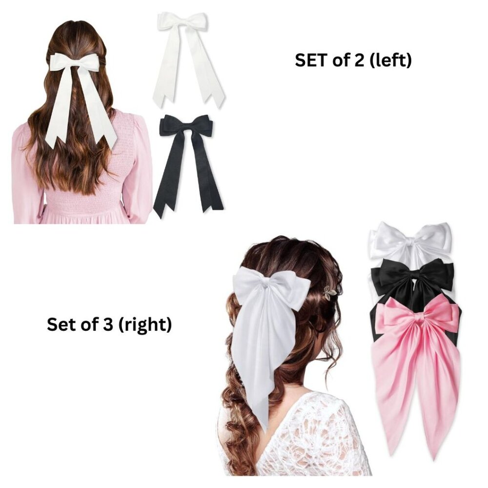 (NWT) HAIR BOW BARRETTES Bundle 5 Bows (2 Packs) Satin, Black/White/Pink